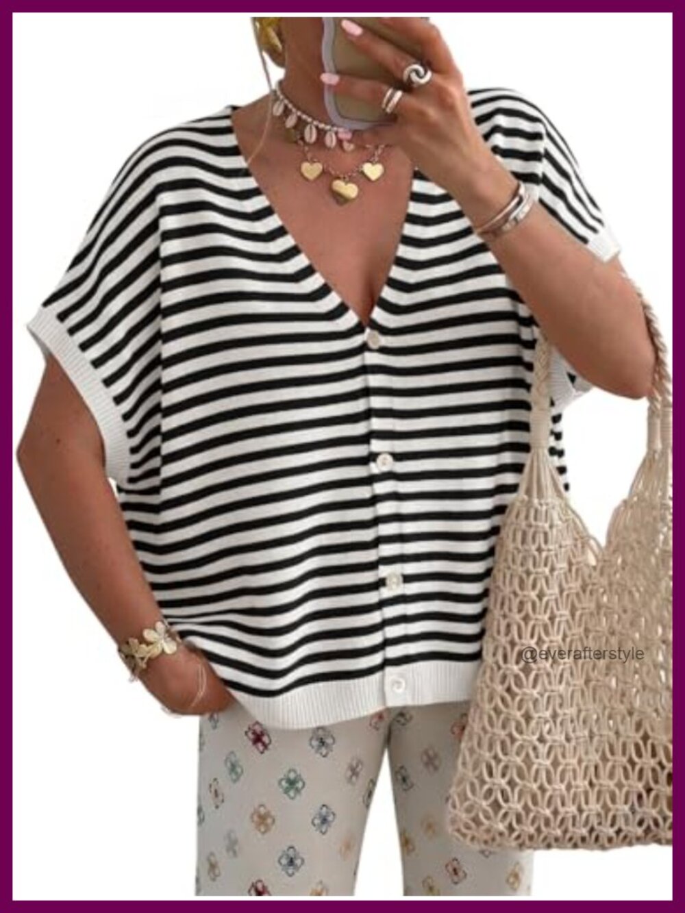 Womens Oversized Striped Cardigan Sweater Short Sleeve Button Down Knit